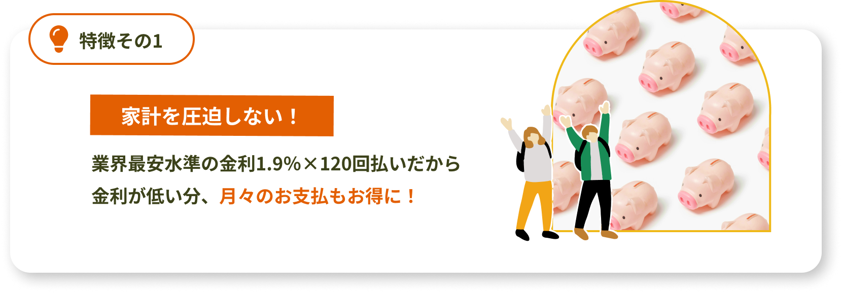 【家計を圧迫しない！】業界最安水準の金利1.9%×120回払いだから金利が安い分、月々のお支払もお得に！